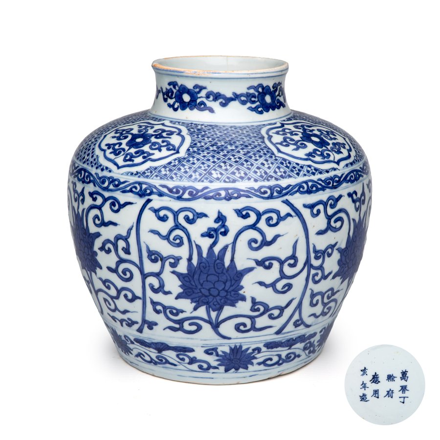 A Chinese blue and white 'Lotus Scroll' jar, Wanli mark and of the period, dated 1587