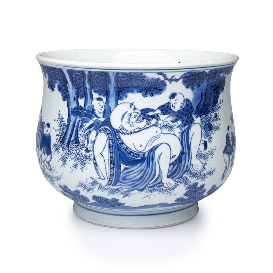 An extremely rare and fine Chinese blue and white 'Liu Zi Xi Mi Le 六子戲彌勒' incense burner, Chongzhen