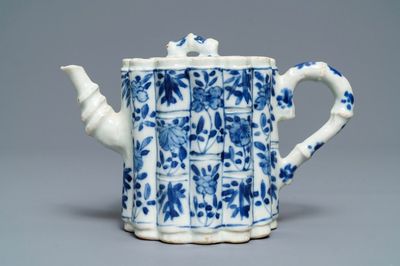 A Chinese blue and white bamboo-shaped teapot and cover, Kangxi