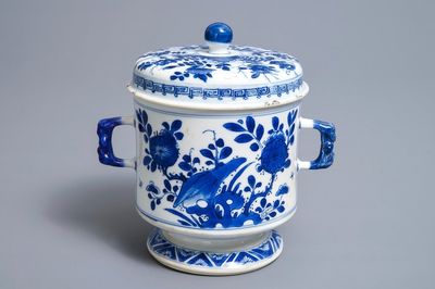 A Chinese blue and white two-handled bowl and cover, Kangxi