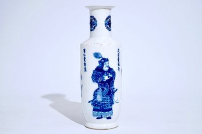 A Chinese blue and white "Wu Shuang Pu" rouleau vase, 19/20th C.