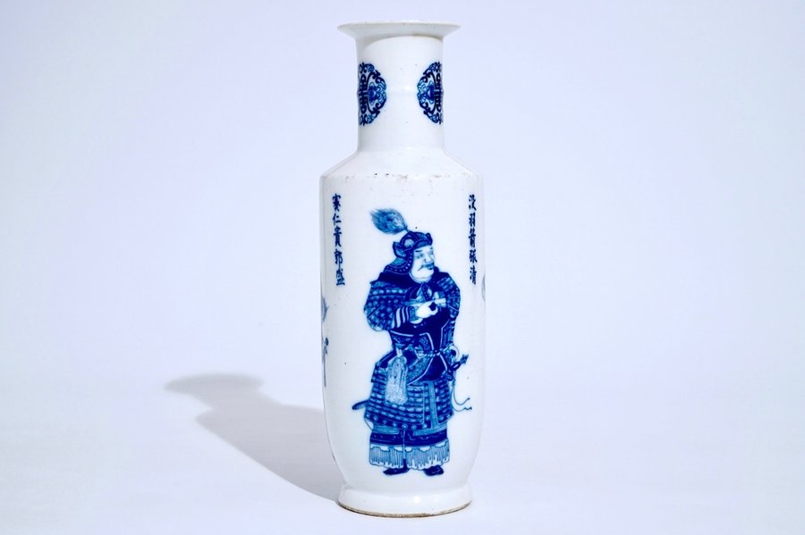 A Chinese blue and white "Wu Shuang Pu" rouleau vase, 19/20th C.