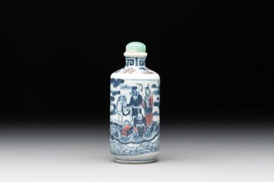 A Chinese blue, white and copper-red 'Journey to the West' snuff bottle, Yongzheng mark, 19th C.