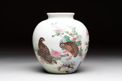A Chinese falangcai 'quails among flowers' vase, 19/20th C.