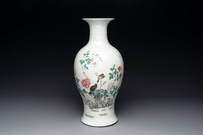 A Chinese famille rose 'birds among flowering branches' vase, Qianlong mark, 19th C.
