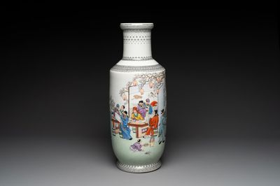 A Chinese famille rose 'Chun Ye Yan Tao Li Yuan 春夜宴桃李園' vase, Qianlong mark, 20th C.
