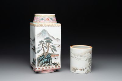 A Chinese famille rose 'cong' vase and a grisaille and iron-red-decorated brush pot, Jingdezhen mark, 20th C.