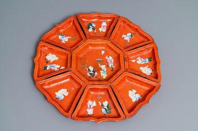 A Chinese famille rose coral red-ground sweetmeat set, Qianlong mark, 19/20th C.