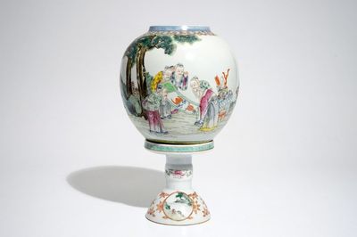 A Chinese famille rose eggshell porcelain lantern on stand, Republic, 20th C.