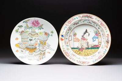 A Chinese famille rose 'Elegant Beauty' basin and a qianjiang cai 'Antiquities' dish, Guangxu mark, 19th C.