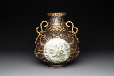 A Chinese famille rose faux-bronze 'landscape' 'hu' vase, dated 1949
