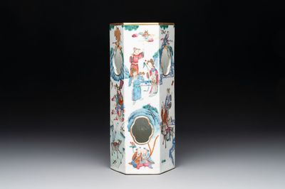 A Chinese famille rose hexagonal hat stand with narrative design, Tongzhi mark and of the period