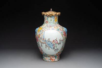 A Chinese famille rose 'millefleurs' vase mounted as lamp, Qianlong mark, Republic