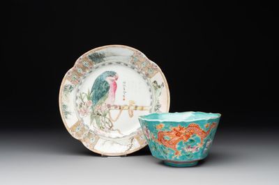A Chinese famille rose 'parrot' plate and a turquoise-ground 'dragon' bowl, Daoguang mark and of the period
