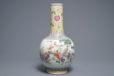 A Chinese famille rose 'playing boys' vase, Qianlong mark, 20th C.