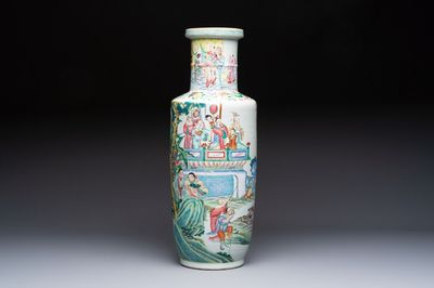 A Chinese famille rose 'Qun Xian Zhu Shou 群仙祝壽' rouleau vase, Qianlong mark, 19th C.