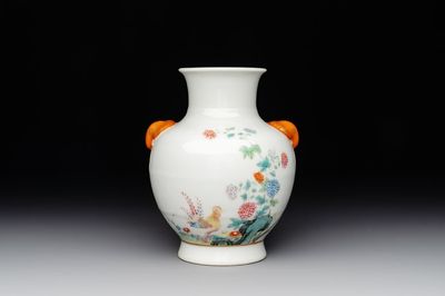 A Chinese famille rose 'rooster and flowers' 'hu' vase, Hua Ren Tang 懷仁堂 mark, Republic