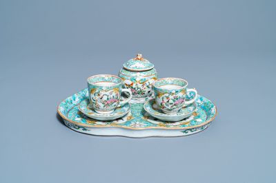 A Chinese famille rose 'tête-à-tête' tea service on tray, 19th C.