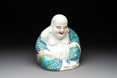 A Chinese famille rose turquoise-ground Milefo Buddha, Wan Tong Shun 萬同順 mark, Republic