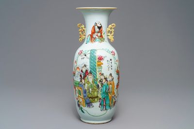 A Chinese famille rose two-sided design vase, 19/20th C.