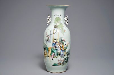 A Chinese famille rose vase with figures in a garden, 19/20th C.