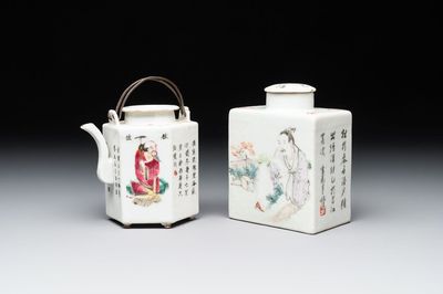 A Chinese famille rose 'Wu Shuang Pu' covered teapot and a qianjiang cai covered tea caddy, signed Lei Guangheng 雷光亨, 19th C.