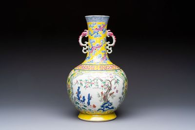 A Chinese famille rose yellow-ground ‘Bats and Peaches’ bottle vase, Jiaqing/Daoguang