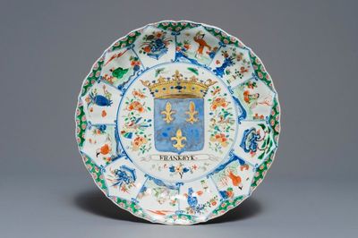 A Chinese famille verte "Provinces" dish with the arms of France, Kangxi/Yongzheng