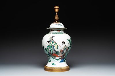 A Chinese famille verte vase and cover mounted as a lamp, 19th C.