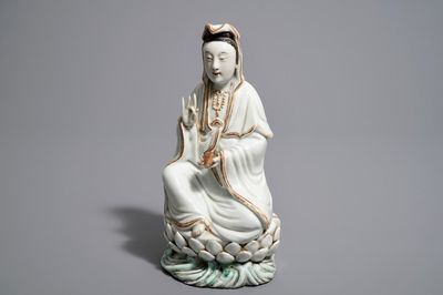 A Chinese model of Guanyin on lotus throne, Republic, 20th C.