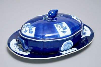 A Chinese powder blue tureen and cover on stand, 19th C.