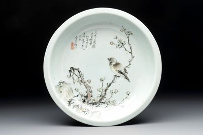 A Chinese qianjiang cai dish with a bird on a branch, signed Cheng Men 程門, dated 1878