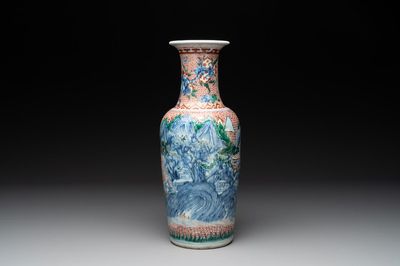 A Chinese wucai 'mountainous landscape' vase, Transitional period
