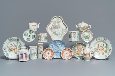 A collection of Chinese teapots, brush pots and plates, 19/20th C.