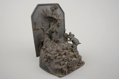 A dark bronze animal subject group, China, Ming Dynasty, 15-16th C.