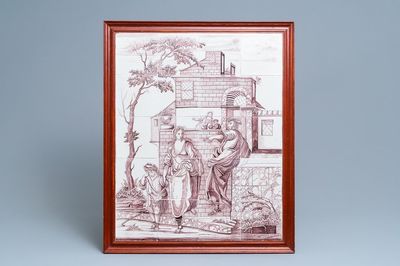 A Dutch Delft manganese tile mural: 'Abraham sends Hagar and Ishmael away', Aalmis workshop, Rotterdam, 18th C.