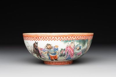 A fine Chinese famille rose eggshell 'Qiu Ran Ke Zhuan 虬髯客傳' bowl, signed Zeng Fuqing 曾福慶 and seal mark, 20th C.