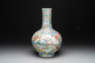 A fine Chinese famille rose 'millefleurs' bottle vase with immortals, Kangxi mark, Republic