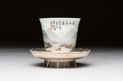 A fine Chinese famille rose 'mountainous landscape' cup on a silver stand , signed Zhang Zhitang 張志湯, dated 1942