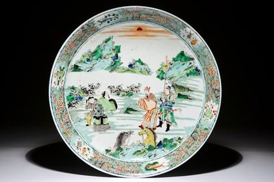A large Chinese famille verte charger with figural landscape design, 19/20th C.