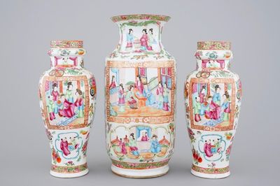 A large group of Canton rose medallion, 3 vases and 3 bowls, 19th C.
