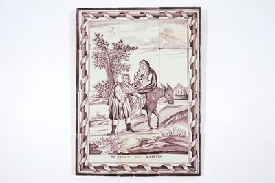 A manganese Dutch Delft tile mural of The Flight into Egypt, 19th C.