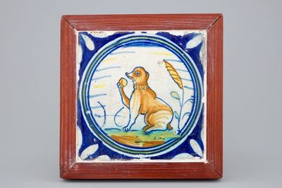 A medallion tile with a monkey holding a ball, ca. 1600, Southern Netherlands