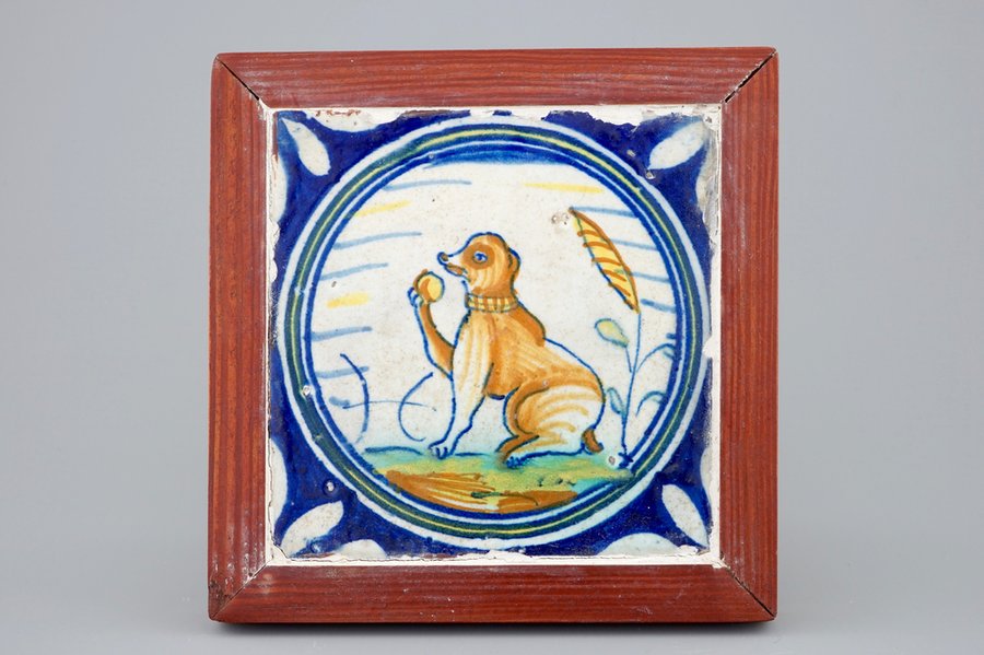 A medallion tile with a monkey holding a ball, ca. 1600, Southern Netherlands