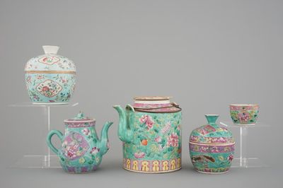 A nice set of Chinese turquoise ground famille rose Peranakan straits porcelain including teapots, 19/20th C.