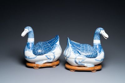 A pair of Chinese blue and white duck-shaped tureens and covers, Republic