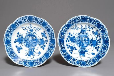A pair of Chinese blue and white lobed plates with central medallions, Kangxi