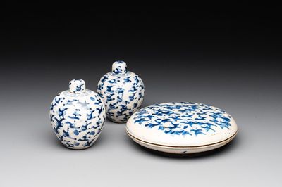 A pair of Chinese blue and white soft paste '100 boys' covered jarlets and a seal paste box, Kangxi mark, 19th C.