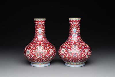 A pair of Chinese famille rose 'bajixiang' vases, Qianlong mark, Republic