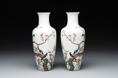 A pair of Chinese famille rose 'birds among flowering branches' vases, Ju Ren Tang 居仁堂製 mark, Republic